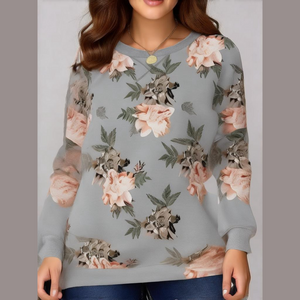 Women's Plain Floral Drop Shoulder Long Sleeve Crewneck Tunic Sweartshirt